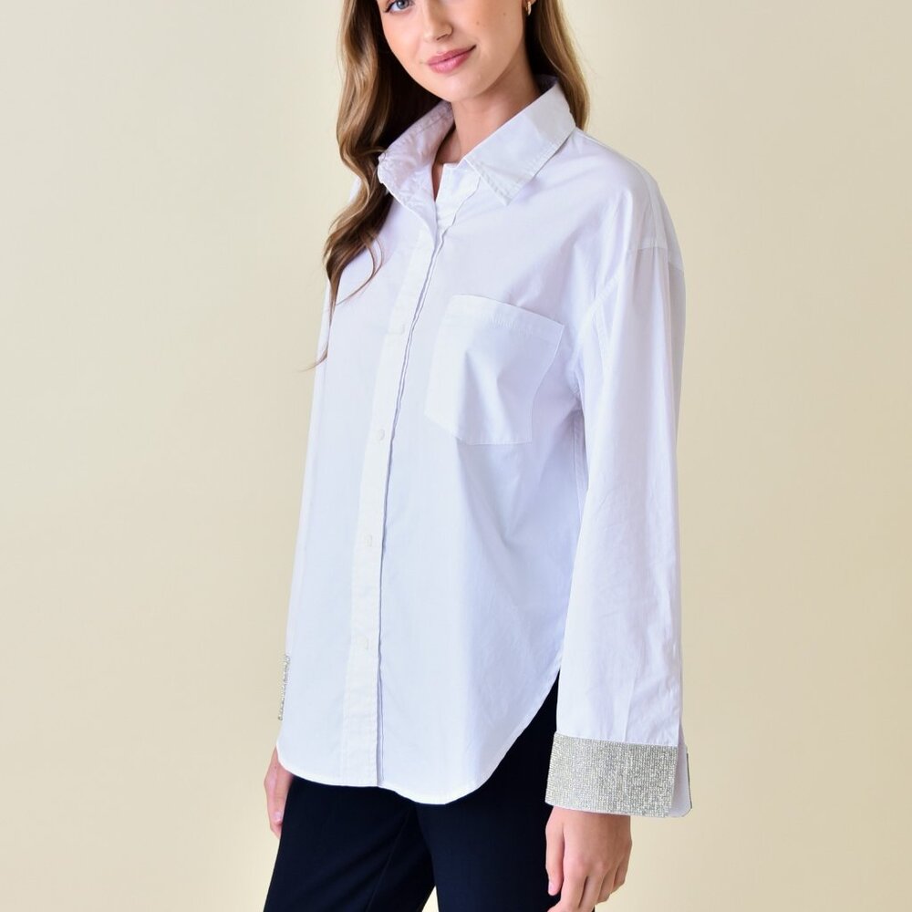 Fore Rhinestone Embellished Cuff Tunic Button Up Top